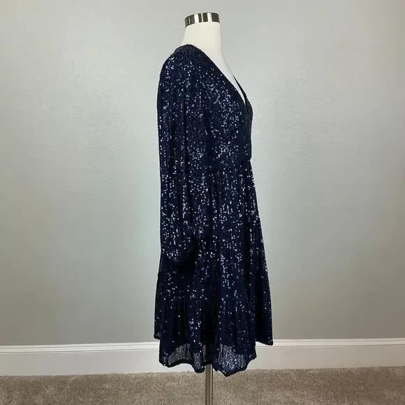 Eliza J Sequined Long Sleeve A-Line V-Neck Mini Cocktail Dress Navy Blue Size 8 - Picture 4 of 13